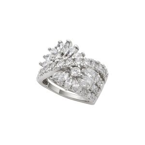 White Crystal Floral Cluster Ring in Sterling-Tone Metal